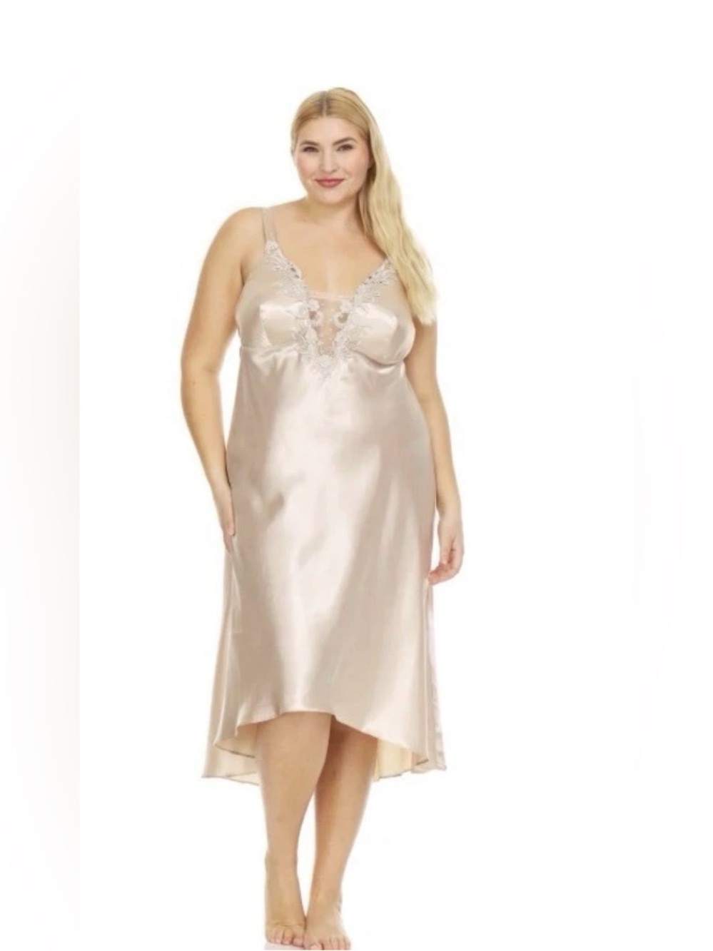 Flora by Flora Nikrooz Stella Satin Venise Trim Lingerie Nightgown Almond 1X